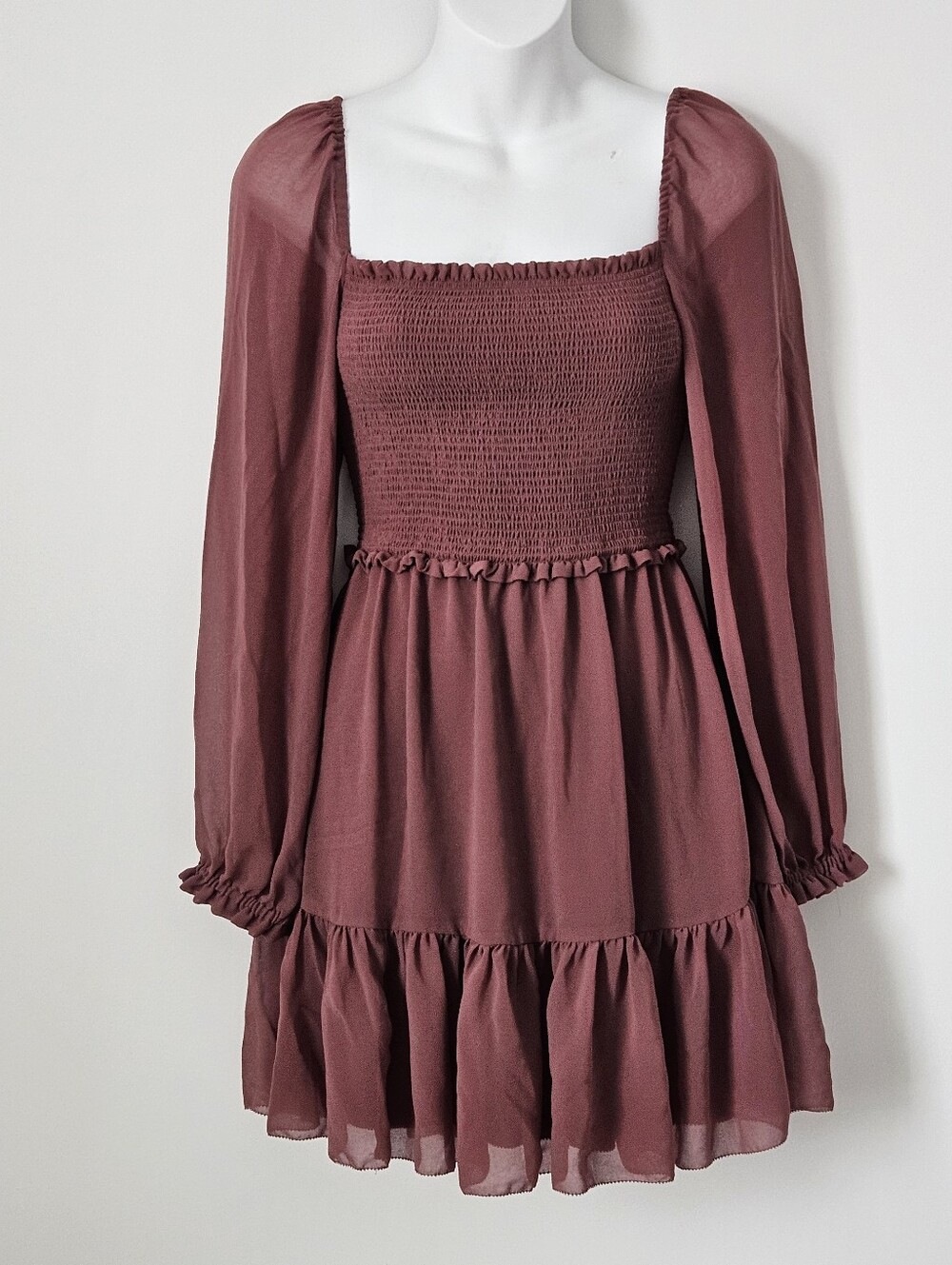 Wilfred Mauve Smocked Square Neck Long Sleeve Mini Dress